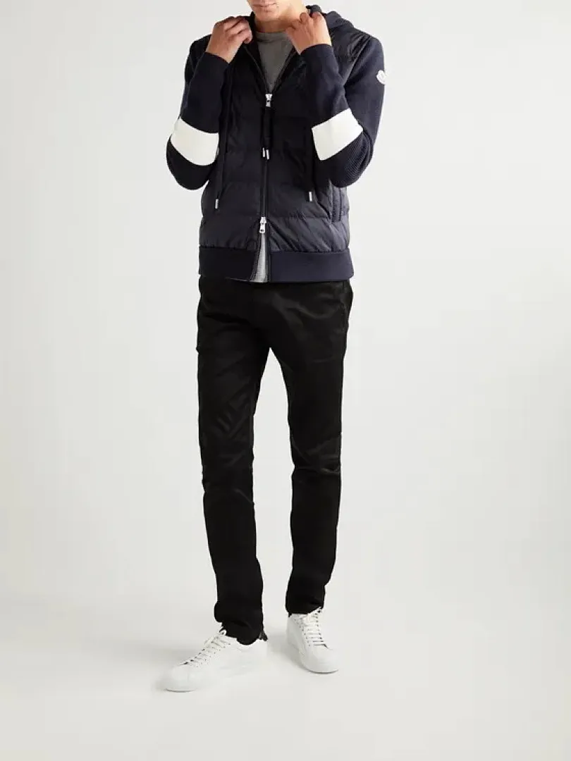 MMONCLER Logo-Appliqued Striped Wool and Quilted Shell Down Hooded Zip-Up Cardigan