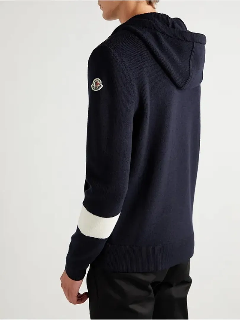 MMONCLER Logo-Appliqued Striped Wool and Quilted Shell Down Hooded Zip-Up Cardigan
