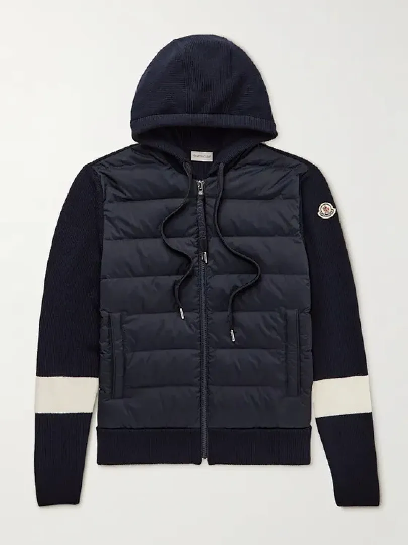 MMONCLER Logo-Appliqued Striped Wool and Quilted Shell Down Hooded Zip-Up Cardigan